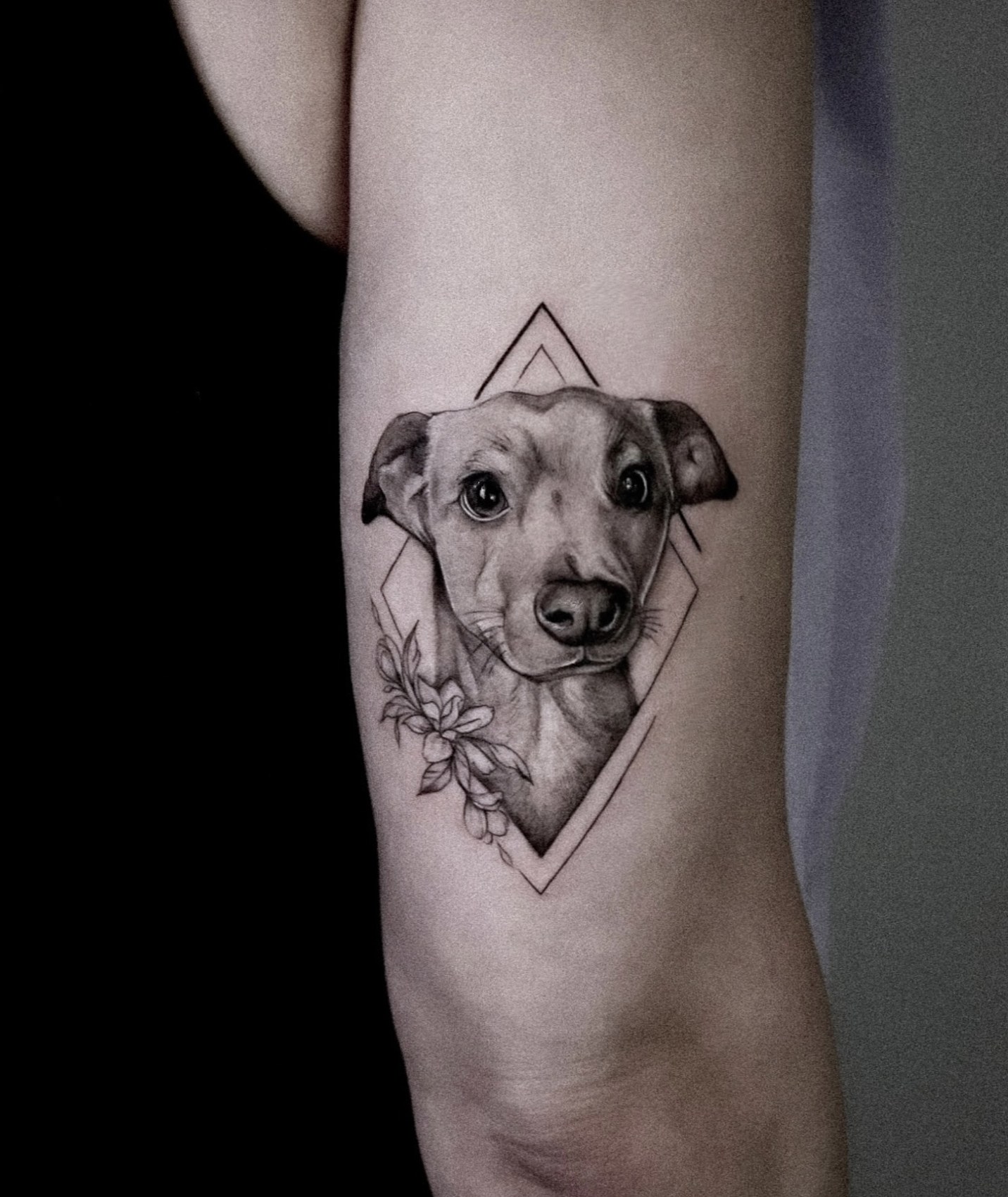 Fine line geometric dog portrait tattoo