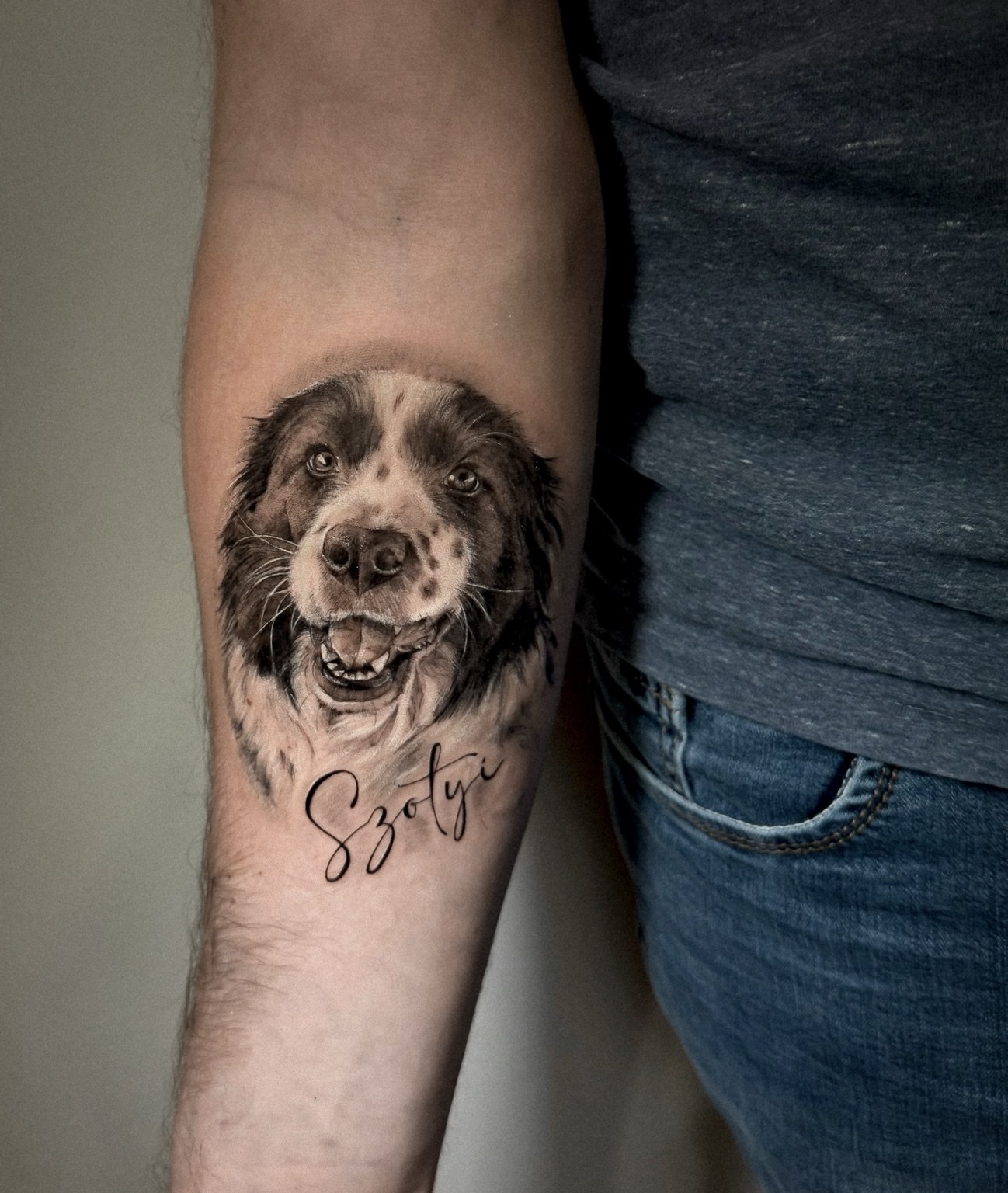 Realistic dog portrait tattoo with lettering